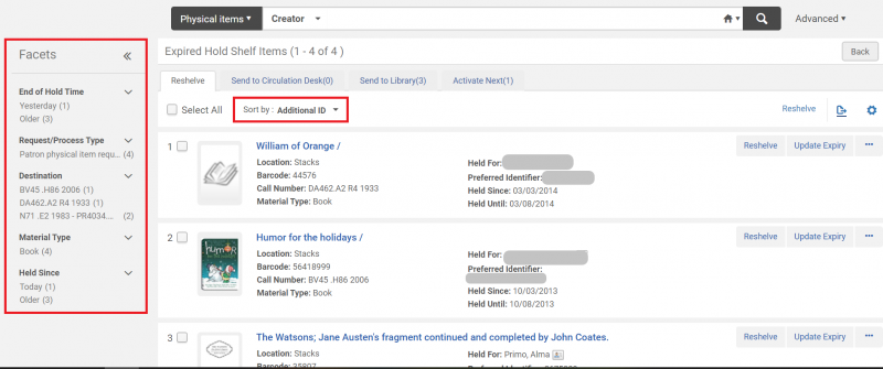 An image of the Expired Hold Shelf Items screen with the Sort by field and the Facets section highlighted