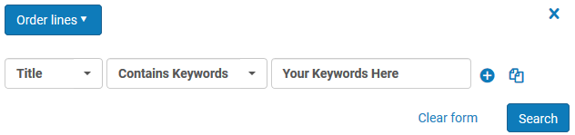 Screenshot shows an advanced search for Title Keywords within the Order Lines.
