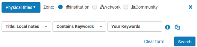 Screenshot shows Advanced Search for keywords in the record's local note field.