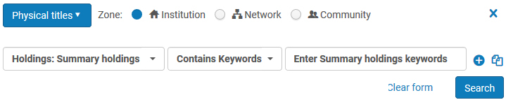 Screenshot shows an Advanced Search for keywords in summary holdings.