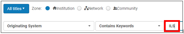 Screenshot shows the Alma advanced search bar with search options set to All Titles, Originating System with ILS in the search term box.