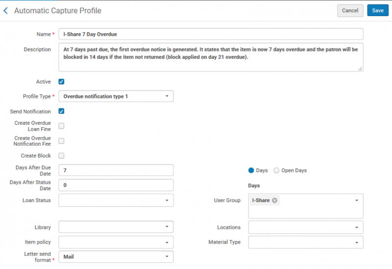 Screenshot shows the settings for the "I-Share 7 Day Overdue" profile.