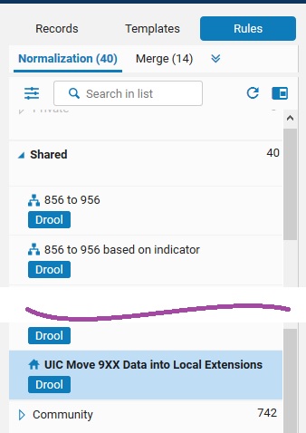 An image of the Alma metadata editor listing of normalization rules, with Rules tab selected at the top, and the next level tab of Normalization selected. The Shared section of the list is expanded, showing the first two rules, a break in the list, and then the rule created in the previous step.